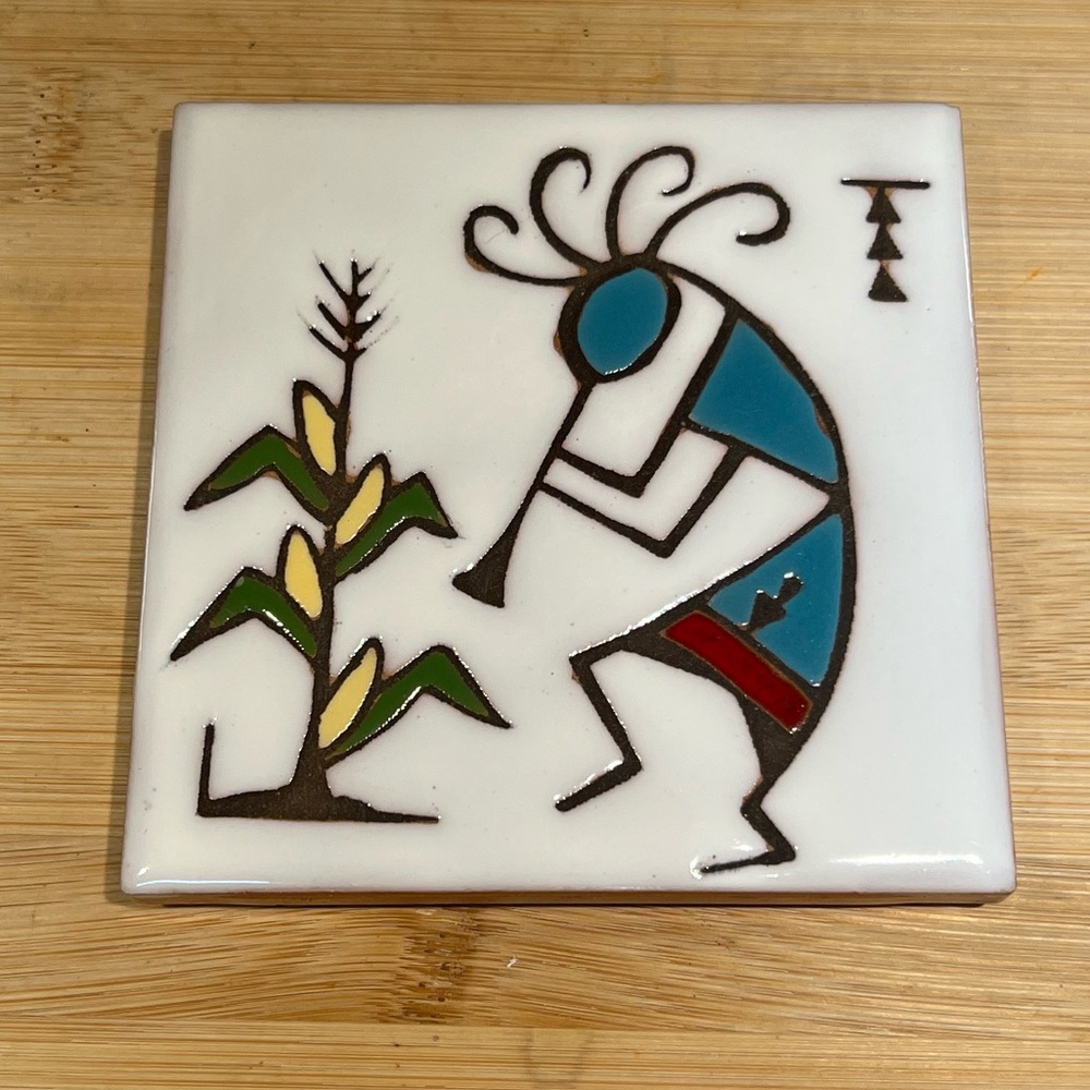 Vintage Christine Fitzgerald 4” Square Kokopelli Hand Painted Tile New Mexico